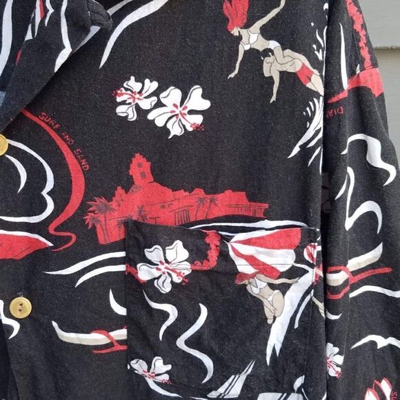 Vintage Oue Surf Shirt - Wai Kiki - Red and Black - Size Large - EUf - Picture 3 of 6